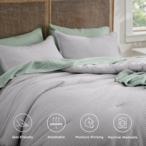 Image of Bedsure Waffle Comforter Set Queen, Grey Soft Bedding, Waffle Weave Bed Set, 3 Pieces, 1 Comforter (90 inchx90 inch) and 2 Pillow Shams, Cotton Shell and Polyester Lining for All Seasons