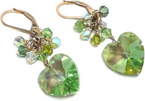 14x14mm Crystal Heart Spring Green Cluster Drop Earrings Gold-Filled or Sterling