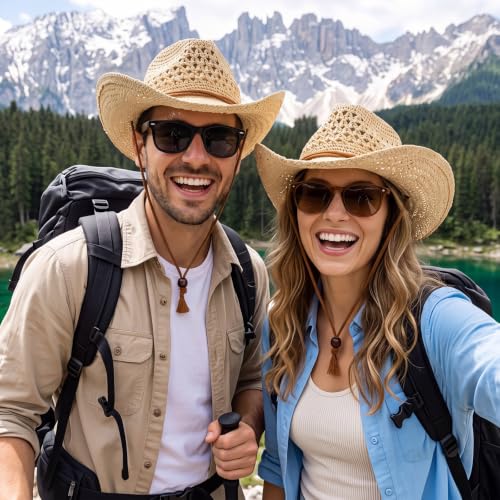 Image of Unittype 4 Pcs Straw Cowboy Hats with Windproof Rope