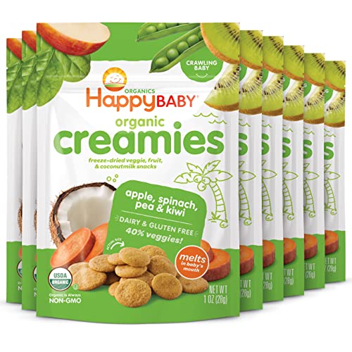 Image of Happy Baby Organics Creamies Freeze-Dried Veggie & Fruit Snacks with Coconut Milk, Apple Spinach Pea & Kiwi, 1 Ounce (Pack of 8)