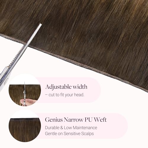 Image of GOO GOO Genius Narrow Edge PU Weft Hair Extensions Human Hair, Invisible Sew in Hair Extensions Human Hair, 4 /27 /4 Balayage Chocolate Brown to Caramel Blonde 20 Inch 120g, Seamless Soft Lightweight
