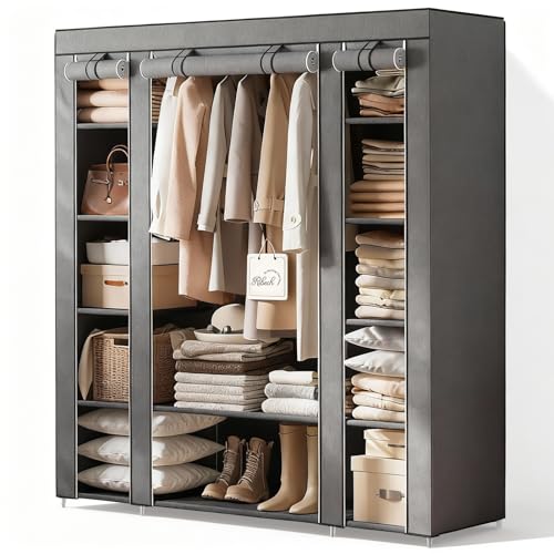 Ribech Armoire en Tissu 45 x 150 x 175 cm, Cadre en métal avec Housse Anti-poussière Non tissée, Tringle à vêtements, Gris, système de Rangement pour...