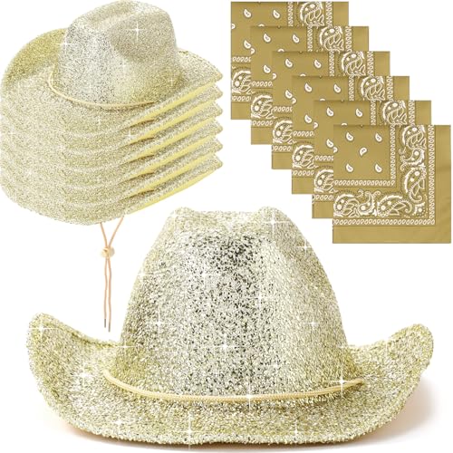 Image of Coume 12 Pcs Sparkly Adults Cowboy Hat and Bandanas Women Men Western Glitter Cowgirl Party Hats with Adjustable Drawstring