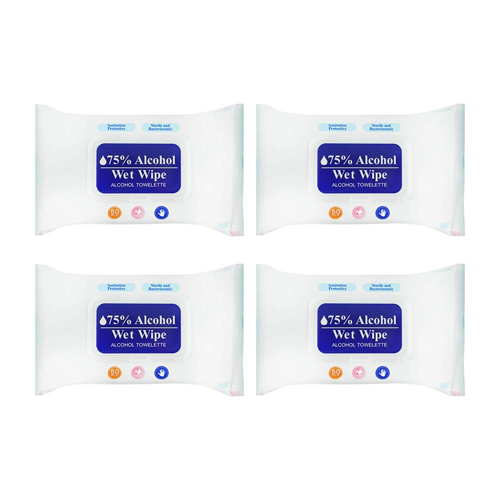 Premium 75% Alcohol Wipes with Non-drip, and Thick Layer Non-Woven Fabric, 4 Pack - 50 Wipes per Pack (200 Wipes Total)