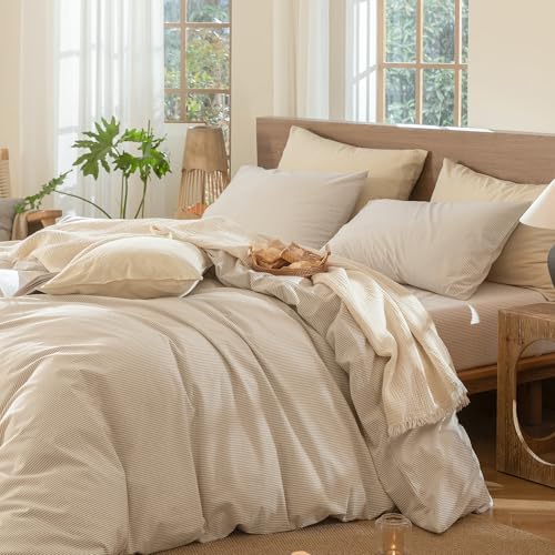 Image of MooMee Striped Duvet Cover Set 100% Washed Cotton Linen Like Oversized King | Relaxed Linen-like Texture. Soft, Breathable & Long-lasting Comfort. Lightweight. Hidden Zipper with 8 Interior Corner Ties