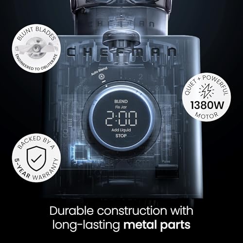 Chefman Obliterator 48 oz Countertop Blender for Smoothies, 1380W Motor to Crush Ice, Nuts, and Frozen Fruit with Stainless Steel Blade, Auto Blend Function, Includes Tamper and Scraper - Midnight image 5