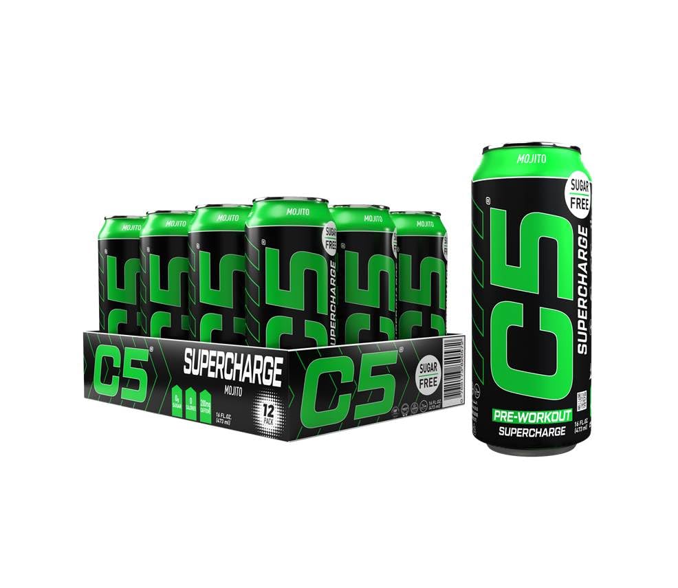 C5 Drink Supercharge Mojito Pre Workout Sugar Free, Zero Calories, 200mg High Caffeine, Creatine - Beta Alanine - Citrulline Malate High-Performance Pre-Workout Booster Supplement Pack of 12