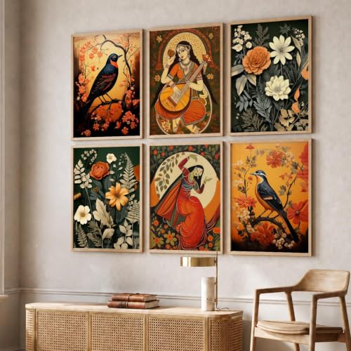 Image of kotart Premium Digital Madhubani Art Paintings with Frame for Home Decor - Framed Painting Living Room Bedroom Office - Wall Decoration - Pack of 6 (14X20 Inch, B)