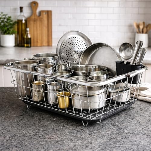 Image of Utensils Drying Rack And kitchen organizer rack | Stainless Steel Kitchen Rack 17x22 Inch | Dish Drying Rack with Drain Tray | Bartan Steel Rack | Vessel Drainer Basket & Utensil Holder NHSP
