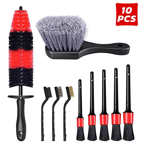 10 Pcs Wheel & Tire Brush Detailing Brushes Set - 16 Inch Long Rim Brush, 5Pcs Sizes Car Detailing Kits, Short Handle Tire Brush, 3Pcs Wire Brushes for Cleaning Car, Motorcycle, Interior, Exterior