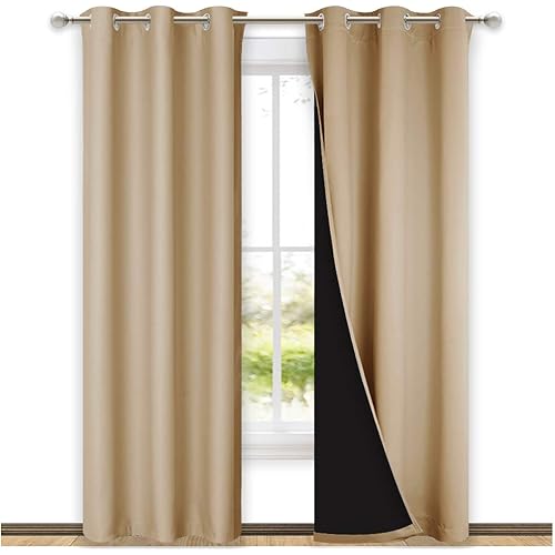 NICETOWN Living Room Completely Shaded Draperies, Privacy Protection & Noise Reducing Black Lined Insulated Window Treatment Curtain Panels for Patio Door (Set of 2 PCs, W42 x L84, Biscotti Beige)
