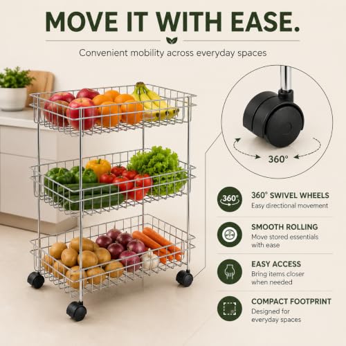 Image of TUNIS 3 Tier Stainless Steel Wire Storage Basket Trolley |Fruit & Vegetable Trolley with 360 Moving Wheels| Rack for Kitchen, Fruits, Vegetables & Grocery Storage, Movable Organizer Cart