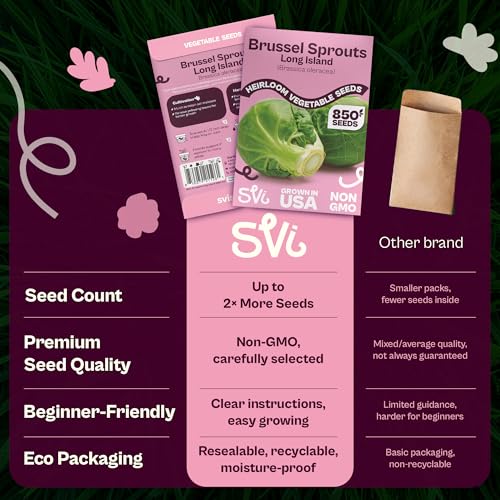 SVI 850 Long Island Brussels Sprouts Seeds (Brassica Oleracea) – Brussel Sprouts Seed Packets, Heirloom Brussel Sprout – Cold Hardy Vegetable Seeds Home Garden, Outdoor Beds, Containers