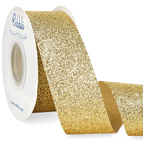 Ribbli Gold Glitter Ribbon,Gift Wrapping Gold Cut Edge Christmas Ribbon for Crafts, Chritmas Tree Decoration,Ornaments Decoration,Home Decor, 1-1/2 Inch x 25 Yards