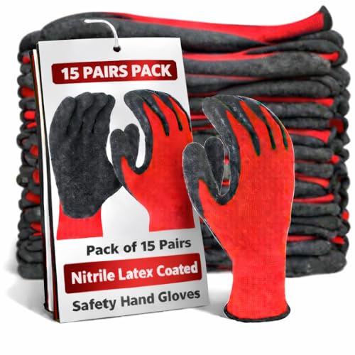 Image of Latex Coated Safety Hand Gloves for Industrial, Mechanical, Gardening, Construction & Multi-Purpose Use - Anti-Slip, Durable & Reusable - Pack of 15 Pairs, Red-Black (Latex Coated)