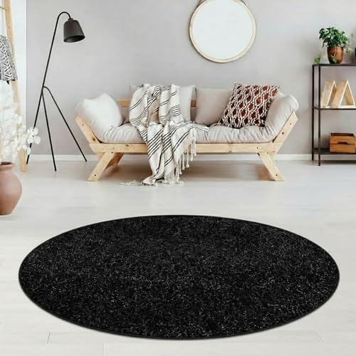 Jimri Moderner Teppich Wohnzimmer – Weich, Strapazierfähig & Pflegeleicht – Anthrazit-schwarz, Rund & Rechteckig – Hochwertige Verarbeitung – Oeko-TEX Zertifiziert – Anthrazit-schwarz, Rund 120 cm