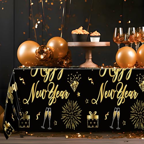 Image of 6 Pcs Happy New Year Tablecloth, 108 inch x 54 inch Rectangle Table Covers for New Years Eve Party Supplies, Black and Gold Firework Nye Tablecover 2026, Holiday Table Cover for NYE Party Supplies 2026 Decor