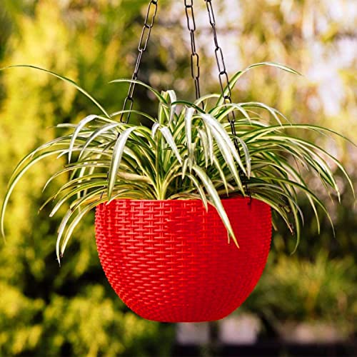 Image of Heat Home Plastic Hanging Flower Pot for Balcony & Railing Set (Red, Set of 3)