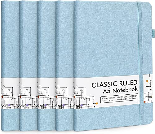 Carnet A5 Ligné avec Stylo Noir Feela - Pack de 5 Cahiers Bleus de 128 Pages pour Notes et Travail