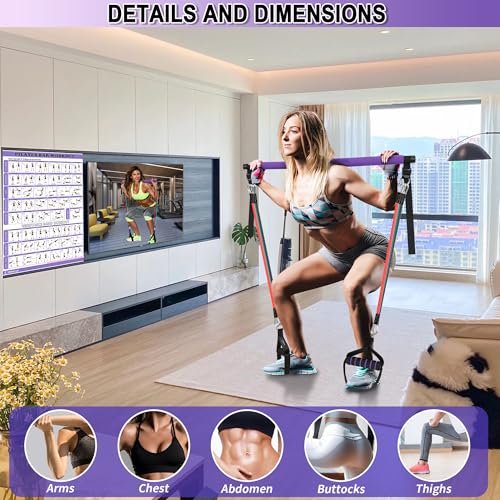 Image of Goocrun Portable Pilates Bar Kit with Resistance Bands for Men and Women - 3 Set Exercise Resistance Bands - Multifunctional Home Gym - Supports Full-Body Workouts - with Fitness Poster and Video