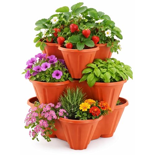 ADEPTNA Pack of 3 Stackable Trio Strawberry Planter Pots Terracotta Durable Plastic Herb Flower Bedding Plant Containers Weather-Resistant Vertical Garden Design Perfect Indoor Outdoor Use