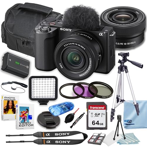 Sony ZV-E10 II Mirrorless Camera with Sony E PZ 16-50mm f/3.5-5.6 OSS II Lens + Filters + Case + 64GB Memory Card + Tripod + LED Square Light (21PC Bundle) (Renewed)