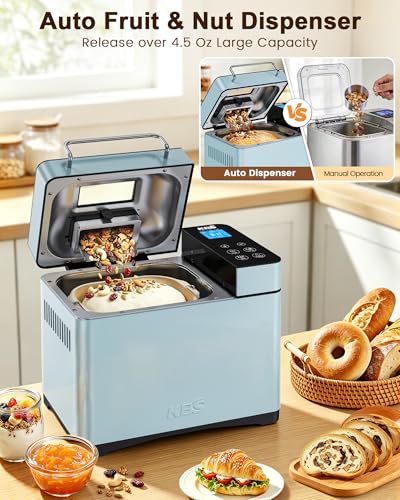 Image of KBS Blue Bread Maker, 2.2LB Smart Bread Machine with Healthy Ceramic Pan, Touchscreen, Auto Nut Dispenser, 17 Automatic Programs, Gluten Free, Sourdough, Dough, Yogurt&Jam, 15H Timer, Stainless Steel