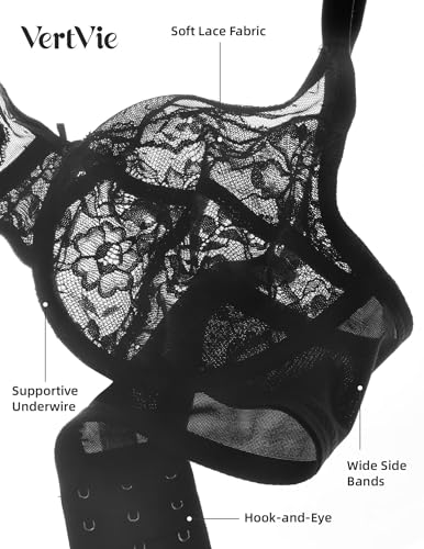 Vertvie Minimizer Bras for Women Full Coverage Underwire Supportive Bra Plus Size Lift Unlined Lace Bralette for Large Bust(Black,38DD)