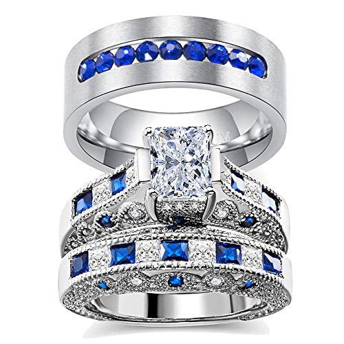 3pc Two Rings His and Hers Couple Rings Bridal Sets His Hers Women White Gold Plated Blue Sapphire Cz Man Titanium Wedding Ring Band Set