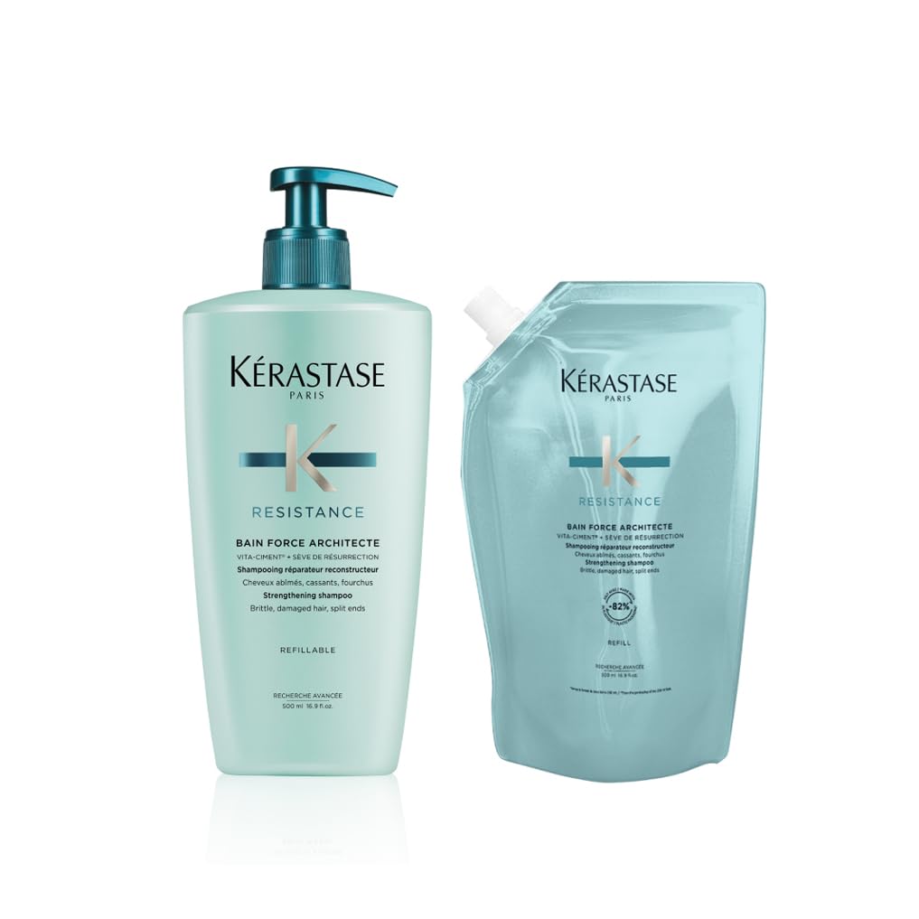 Kérastase Résistance Bain Force Architecte Nachfüllset, Regenerierendes Shampoo bei geschädigtem Haar, Enthält: Résistance Bain Force Architecte 500 ml im Pumpspender sowie 500-ml-Nachfüllpackung