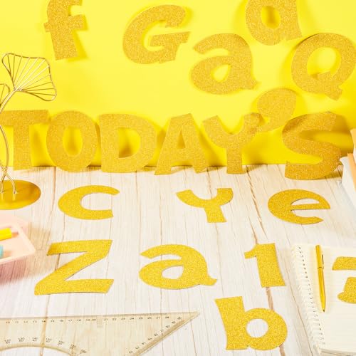 Image of Colarr 216 Pcs Gold Glitter Bulletin Board Letters for Classroom Number Alphabet Punctuation Symbol Cutout 4'' Die-Cut Poster Letter with Adhesive Dot School Graduation Party Holiday Decor Display