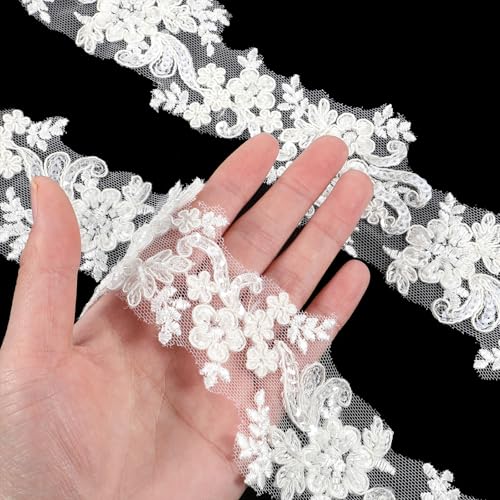 FdcZeyxior - 2 Yards White Embroidery Flower lace Appliques, Lace Trim Ribbon Floral Embroidered Fabric Rhinestone Applique Patches for Wedding Dresses Sewing DIY Craft Gown Embellishment Home Decor (2.4" Wide)