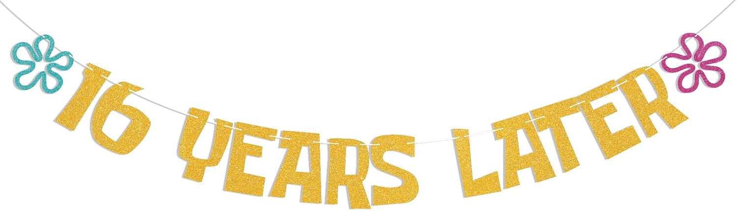 16 Years Later Banner - Cheers to 16 Years, Yellow Sponge Theme Cartoon 16th Birthday Anniversary Decorations Gold Glitter