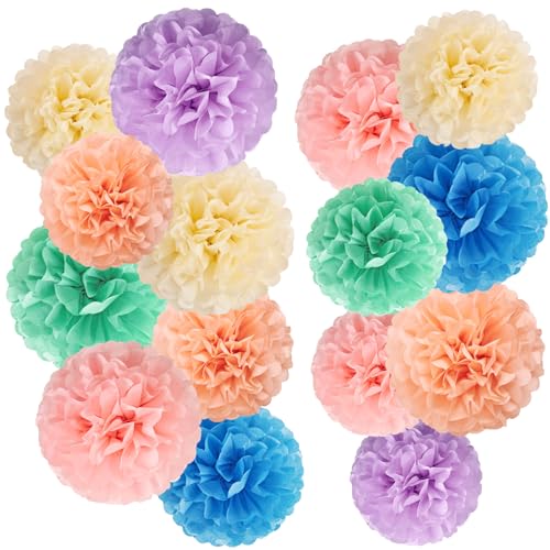 Image of EASY JOY 15PCS Pastel Paper Tissue Pom Poms Decoration Macaron Rainbow Candy Ice Cream Easter Flowers Wall Hanging Decor for Birthday Wedding Baby Shower