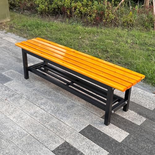 MJMLUCK Bancos de jardín de Metal para Exteriores con Asiento de Listones de Madera de Pino, Resistentes a la Intemperie, para 2 o 3 Personas, Banco de Patio con Cambio de Zapatos, sin Respaldo, Cap