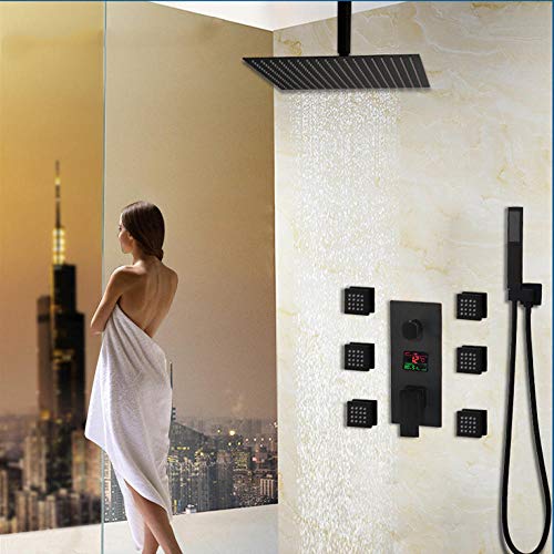 Columna de ducha de baño de 10 pulgadas negro con pantalla digital de temperatura y sistema de masaje corporal con jets miniatura 1
