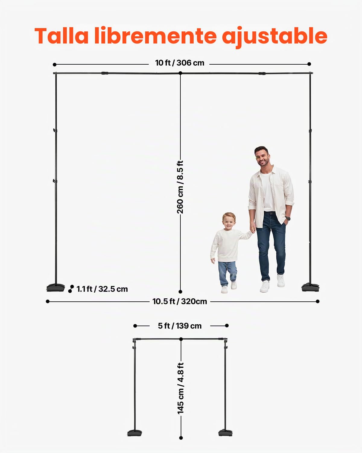 VEVOR Soporte de Fondo Ajustable para Tela de Fondo de hasta 260 x 300 cm, Soporte Portátil de Altura Ajustable de 145-260 cm con 7 Barras Transversales para Hogar, Estudio de Fotografía, Negro