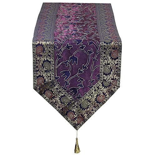 Image of Ari Zari Embroidery Table Runner for ining Table 6 Seater 72IN Indian Satin Traditional Long Runner Up with Tassels Tablecloth for Room & Runner (Navy Blue)