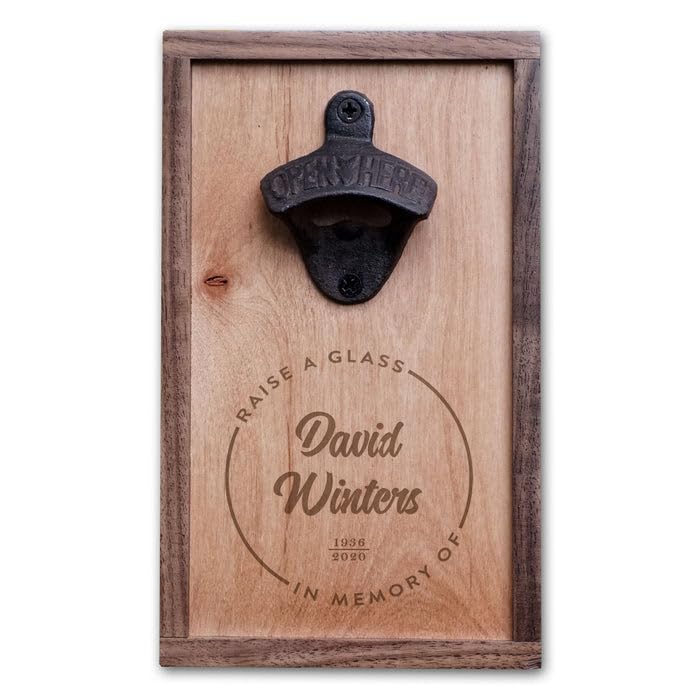 Product Image of the Personalized 'Raise a Glass in Memory' Sympathy Gift Wall Mounted Bottle Opener Made in USA from Solid Walnut & Alder with Custom In Loving Memory Inscription