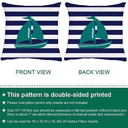 ZUEXT Navy Blue White Stripes & Green Sailboat Nautical Throw Pillow Covers 18x18 Inch 2 Sided, Set of 2 Cotton Linen Polyester Coastal Outdoor Cushion Pillowcase for Sofa Car Beachy Boat Home Decor - Image 2