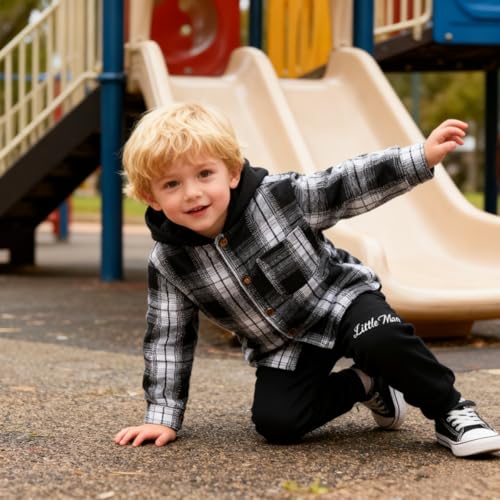 Image of OLMRJKD Toddler Baby Boy Clothes Plaid Long Sleeve Hoodie Sweatshirt + Pants 2pcs Boys Outfit Set