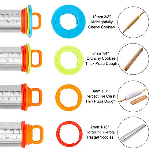Rolling Pin, ENLOY Stainless Steel Adjustable Roller Pin with 4 Removable Thickness Rings and Silicone Red Pastry Mat for Baking Dough, Pizza, Pie, Pastries, Pasta, Cookies
