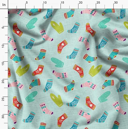 Image of Soimoi Green Heavy Satin Fabric Socks & Gloves Folk Art Print Fabric by Meter 54 Inch Wide