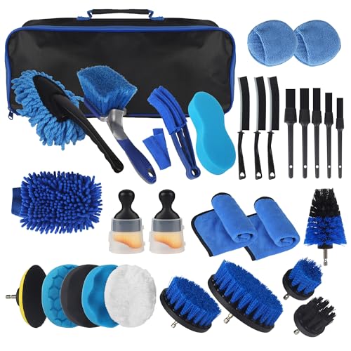 31 Pièces Kit Nettoyage Voiture avec Sac de Transport, Brosse Detailing Auto et Éponges de Polissage, Brosse Nettoyage Voiture,pour Nettoyage des pneus,Sortie d'air...