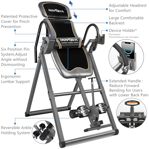Innova Health and Fitness Inversion Table with Adjustable Headrest, Reversible Ankle Holders, and 300 lb Weight Capacity