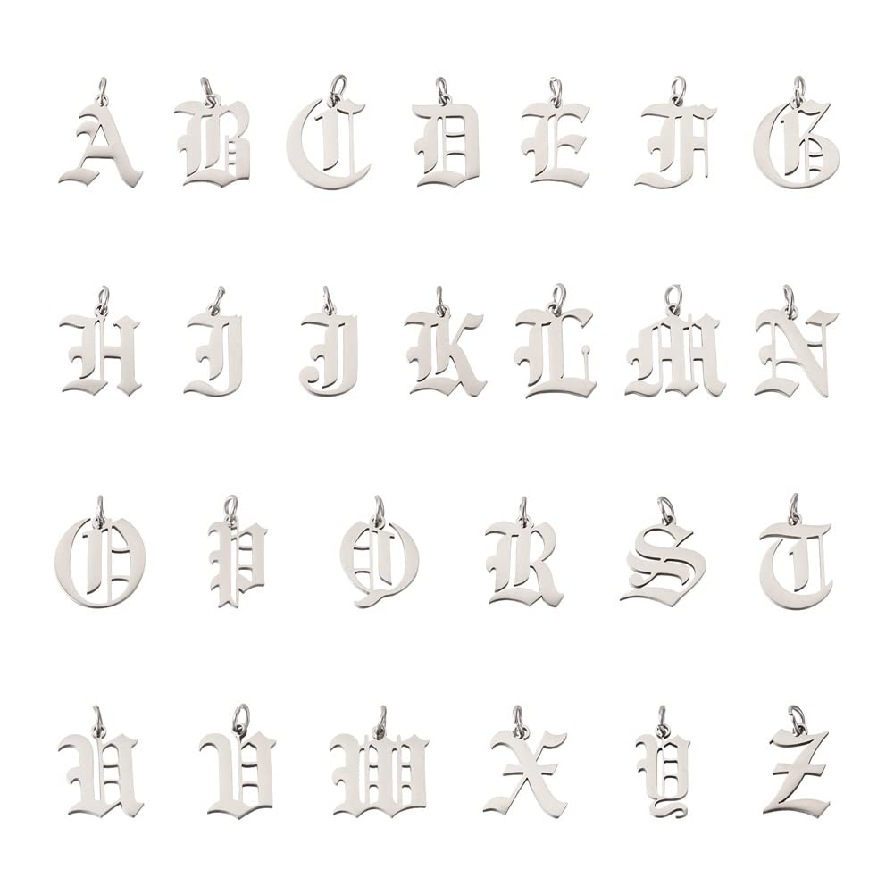 Bestewelry 26Pcs Stainless Steel Old English Alphabet Letter Pendants Laser Cut Charms for Crafting Bracelet Necklace Jewelry Findings