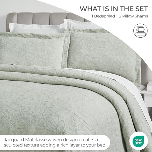 Superior 3 Piece Cotton Bedspread Set, Home Bed Decor, Decorative Bed Spread, 2 Pillow Shams, Medium Weight Blanket, Matelasse Coverlet, Bedding Essentials, Hibiscus Collection, King, Sage
