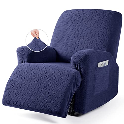 Image of VANSOFY Oversized Recliner Chair Cover, 4-Pieces Stretch Recliner Covers for Recliner Chair Soft Reclining Chair Slipcover Jacquard Pattern Furniture Protector for Dogs Cats(Navy Blue)