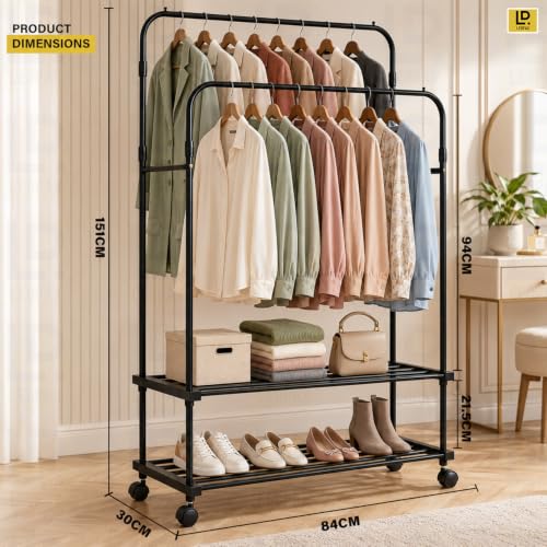 Image of LEOPAX Premium Double Pole Clothes Rail for Hanging Clothes, Heavy Duty Garment Rack with Bottom Shelves, Clothes Rack with Wheels for Dresses, Coats, Shirts - Black - 84 x 30 x 151cm