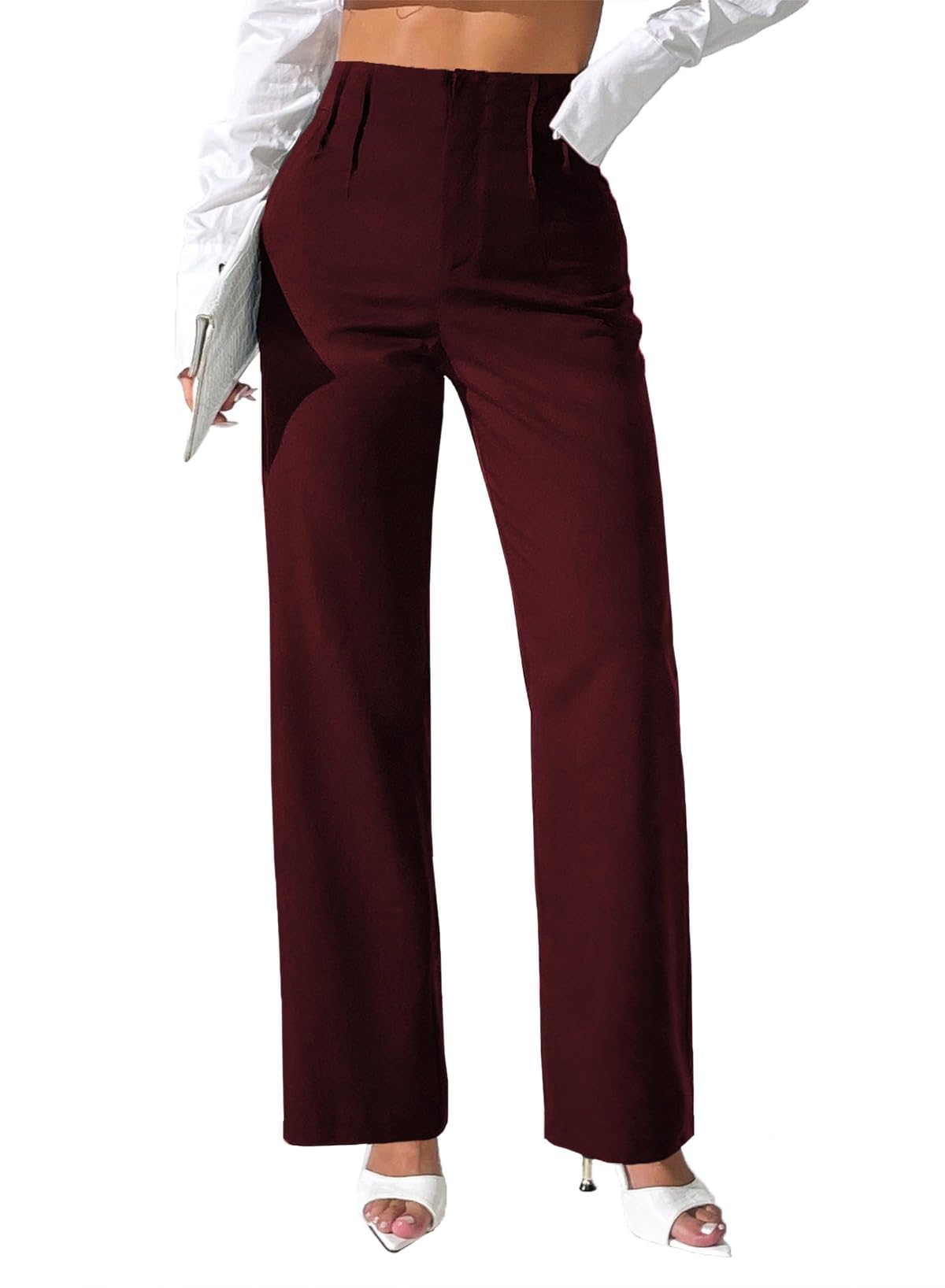Pink Queen Womens Pleated Dress Pants Elastic High Waist Straight Leg Office Slacks Pull On Business Casual Trousers
